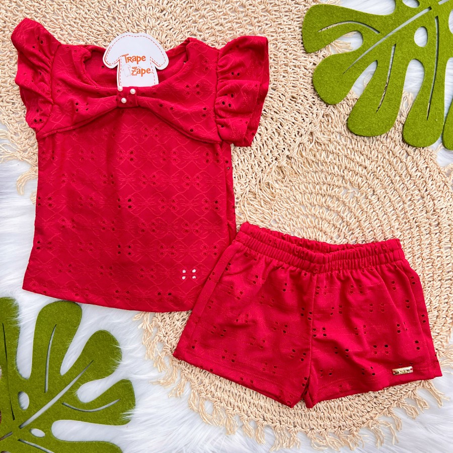 Conj. Blusa com Pérola e Short em Lese - Vermelho